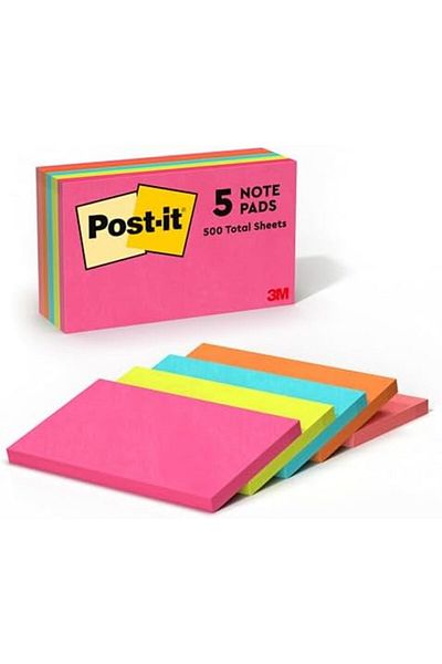 Post-it ملاحظات نيون كولورز ٦٥٥ - عبوة من ٥ قطع، ٣ × ٥ بوصات (٧٦ × ١٢٧ مم)، ٥ أوراق/عبوة | ألوان متنوعة | ملاحظات لاصقة