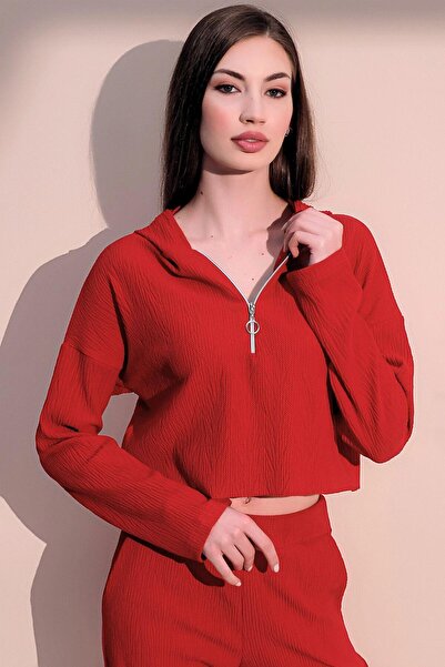 NEW LAVİVA Women's Red Long Sleeve Zippered Hooded Self Patterned Crop Sweatshirt Blouse