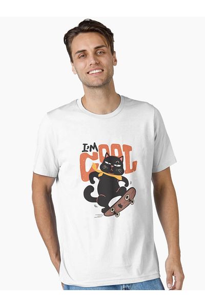 aynewmoda Short Sleeve Round Neck T-Shirt Basic Black Cat Skateboard Printed T-Shirt