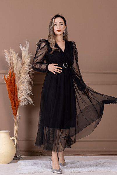 BEYBOS Rochie Detaliata Curea Pietrei Guler Dublu Tesatura Tulle - NEGRA