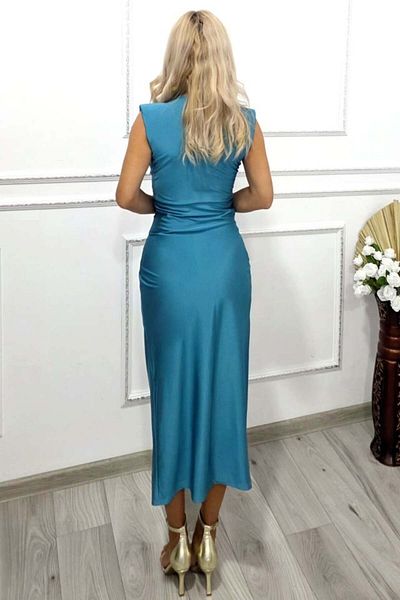 FashionForYou Ilaria satin dress, medium cut and slit on the leg, Turquoise, Size S/M