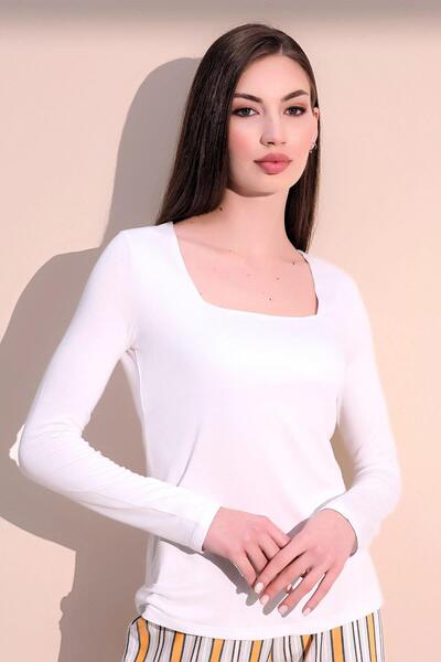 NEW LAVİVA Γυναικεία μακρυμάνικη μπλούζα σε λευκό casual στυλ Basic τετράγωνο...