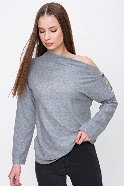 NEW LAVİVA Γυναικεία γκρι λαιμόκοψη με μακρύ μανίκι ώμου με λεπτομέρεια με κουμπιά Regular Cut Standard Oversize Μπλούζα