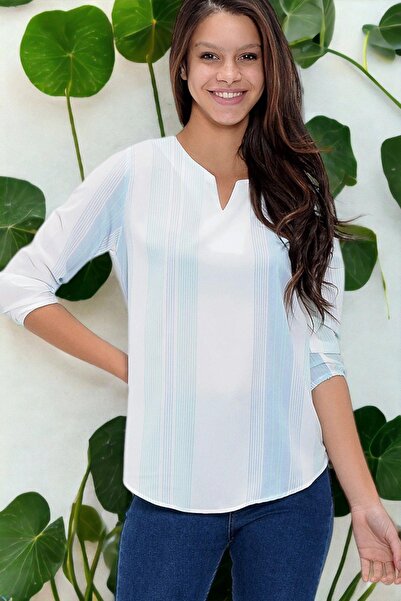 NEW LAVİVA Γυναικεία μπλούζα με μπλε γιακά με σχισμή κρεπ με ριγέ μανίκια τρι...