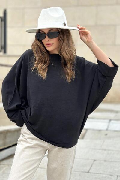 NEW LAVİVA Bluză neagră de damă Airobin Bat cu mâneci duble largi, extra oversize, cu gât rotund - potrivită pentru hijab