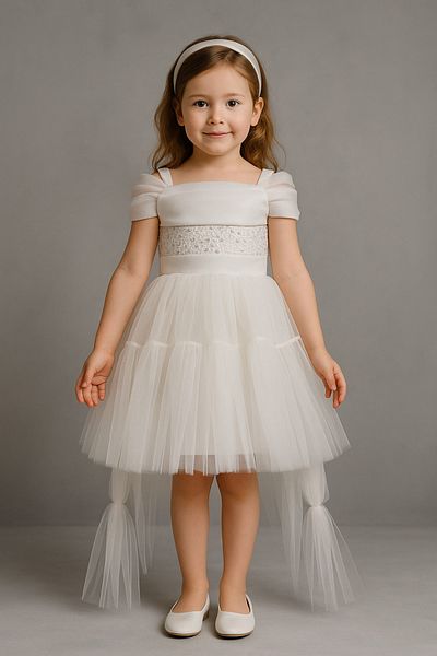 Magu Girl's White Evening Dress - Short Front, Long Back Tulle Skirt with Pearl Stone Model