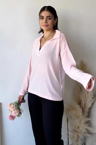 NEW LAVİVA Kadın Pudra Polo Yaka Keten Bluz, Uzun Kol, Regular Kesim, Günlük ...