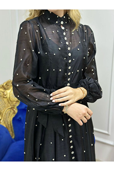 butikbanum Siyah Renk Taşlı Model İthal Özel Seri Elbise