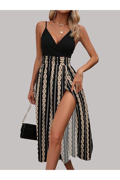 JANES Rochie de damă cu bretele dublu guler din viscoză cu model
