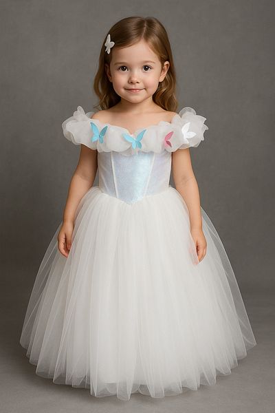 Magu Girl's White Butterfly Evening Dress with Tulle - Princess Model with Tulle Detailing from the Shoulder