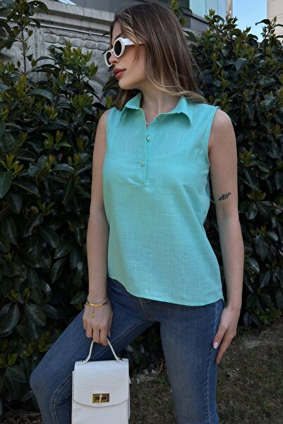 NEW LAVİVA Women's Turquoise Basic Cut, Half Placket, Zero Sleeve, Linen Blouse