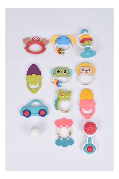 Fun Moment Baby Toy Box with Rattles and Teethers with Silicone Tips in Assorted Shapes, 12 Pieces