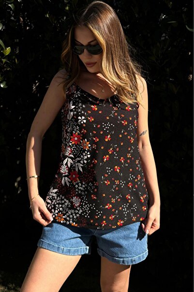 NEW LAVİVA Kadın Siyah V Yaka, Salaş Kesim, Askılı Bluz