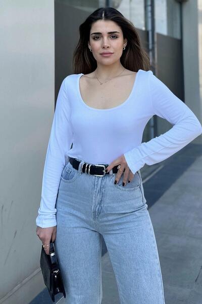 NEW LAVİVA Women's White Front and Back Deep Low-cut Collar, Regular Cut, Anti-Sweat, Cotton Combed Blouse