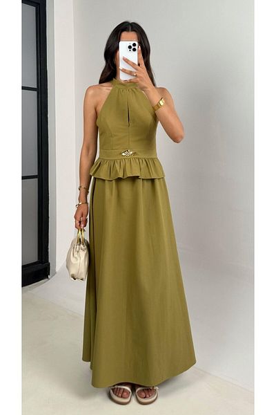 My Blog Khaki Gold Buckle Halter Neck Blouse Skirt Set - 251031