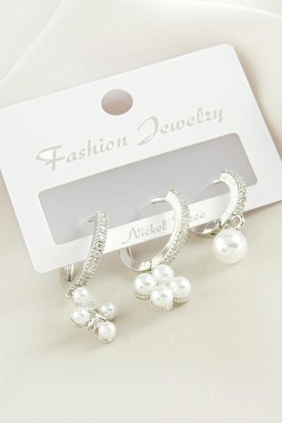 ZERO LAND Msa-Shop 3 Pcs Flower Pearl Zircon Stone Earrings-Yellow