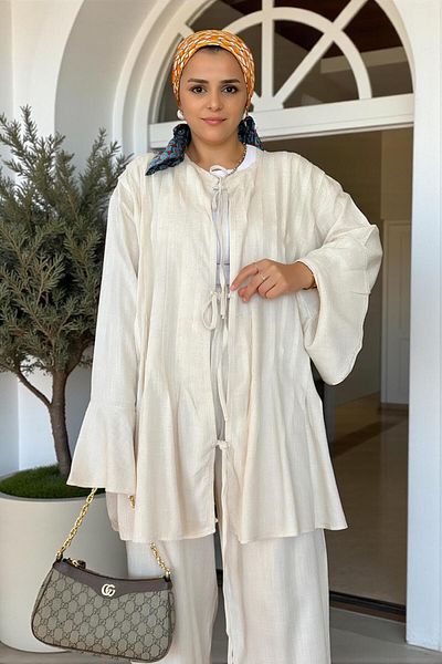 Aselim Hijap Moda Comfortable Raw Linen Double Set - Pleated Wide Sleeve Tunic Set Beige
