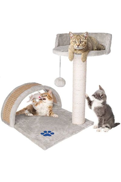 PROCART Set de joacă multifuncțional pentru pisici, 2 niveluri, frânghie din sisal, înălțime 50 cm, gri