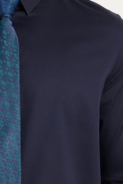 Tudors Erkek Slim Fit Premium Likralı Pamuk Saten Lacivert Gömlek