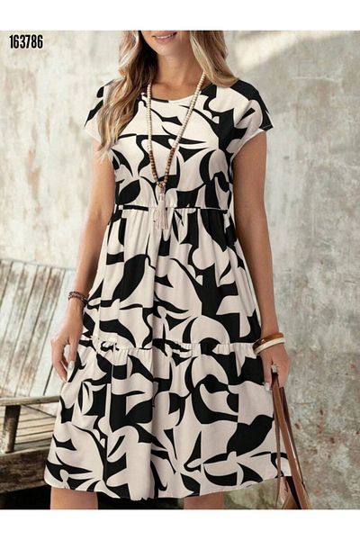 moda wanilia Women's Patterned Crew Neck Ruffle Single Jersey Dress
