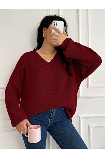 MARLİNG V-Neck Cotton Plus Size Sweater