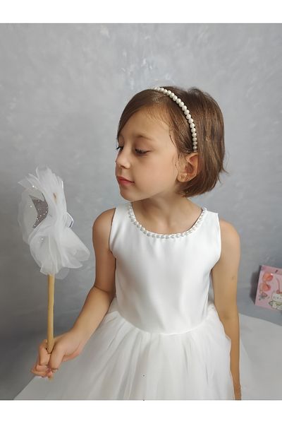 NSMLİFE Girl's Evening Dress Island, White Collar Pearl, Tutu Dress