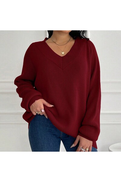 MARLİNG V-Neck Cotton Plus Size Sweater
