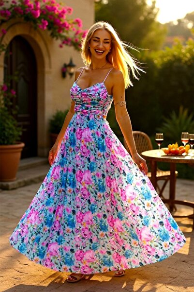 FashionForYou Rochie plisata de zi NYSA, cu funda la spate, BLUE-ROZ