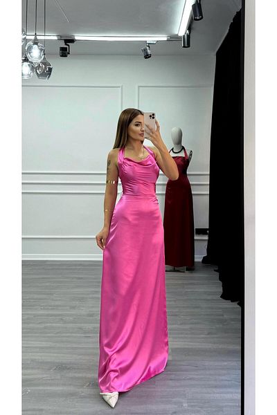 Daves Satin Long Dress with Back Detail-Pink