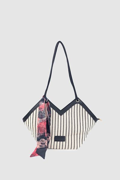 Wuclo Omric Scarf Detailed Linen Shoulder, Arm and Hand Bag Black and White