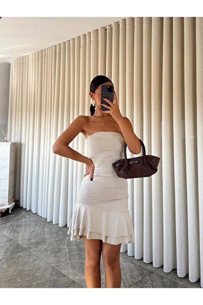 mydukkan.co Rochie fără bretele din material scuba cu volane la bază