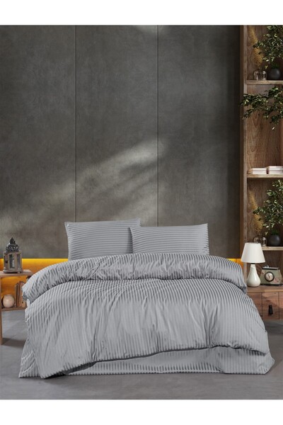 Firuze Double Striped Satin Duvet Cover Set (Gray)