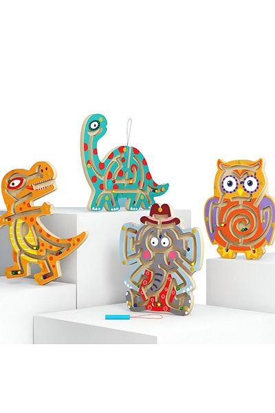 Flippy Joc cu minge Montessori, Flippy, Creion magnetic, Tip labirint, Lemn, Model Tiranosaurus, Portocaliu