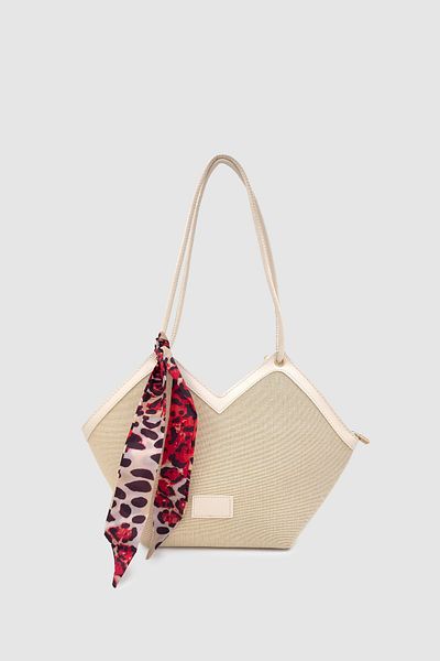 Wuclo Omric Scarf Detailed Linen Shoulder, Arm and Hand Bag Cream