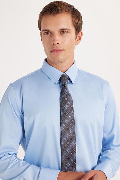 Tudors Men's Slim Fit Premium Lycra Cotton Satin Blue Shirt
