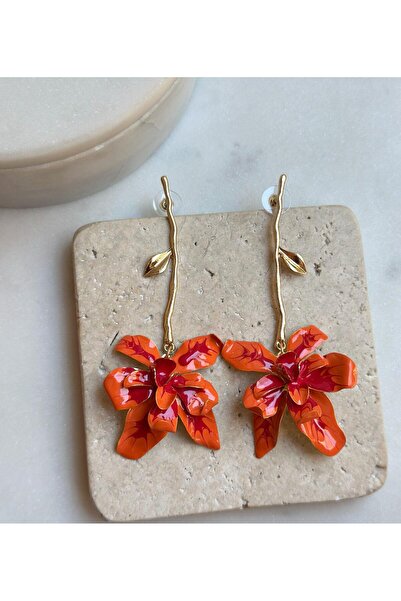 Pointmod Camila Sallantılı Kırmızı Çiçek Model Gold Renk Kadın Küpe