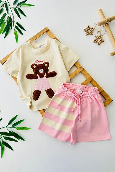 Minigimin Cicileri Miniğimin Cicileri Bear Plush Patterned Girl's Shorts Set - Light Pink