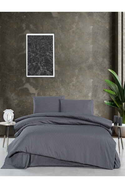 Firuze Double Striped Satin Duvet Cover Set (Anthracite)