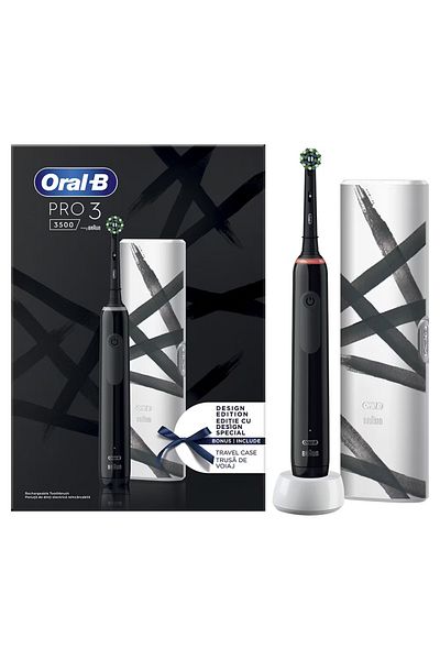 Oral-B Periuță de dinți electrică Pro 3 3500, curățare 3D, 3 programe, 1 încărcător, 1 cap de periuță, kit de călătorie, neagră