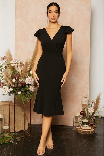Viyamo New Season Women's Short Butterfly Sleeve Double Breasted Collar Imported Crepe Midi Dress