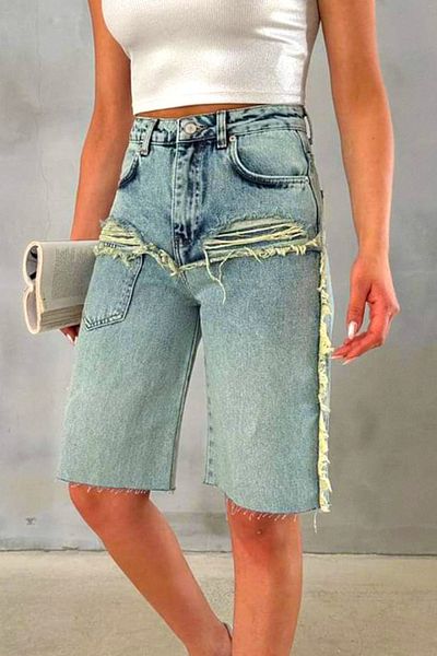FashionForYou Blugi crop MeraBEL, croială slim fit mom cu franjuri, verde denim, 42
