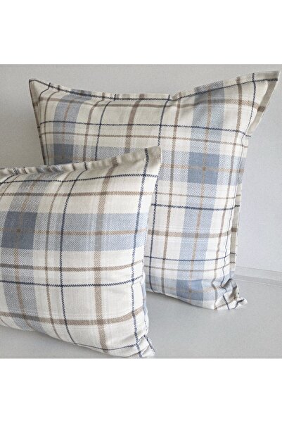 Fabric by Gülçin PAMUKLU DOKU KUMAŞ EKRU-MAVİ RENK EKOSE DESEN KIRLENT KILIFI