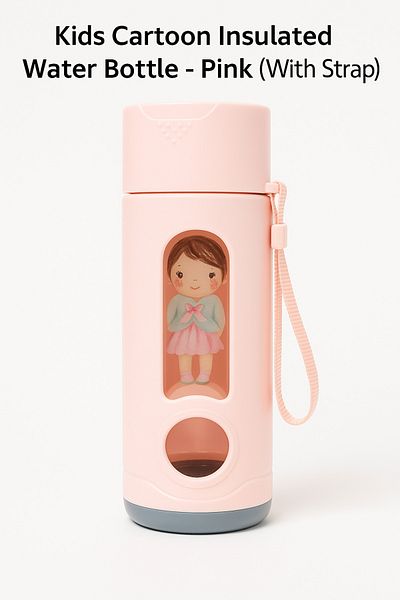 TSUMAB Kids Cartoon Insulated Water Bottle – Pink (With Strap)