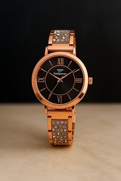Goldpower ساعة يد نسائية معدنية فاخرة مرصعة بالأحجار