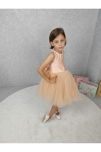 NSMLİFE Girl's Evening Dress Island, Salmon Collar Pearl, Tutu Dress