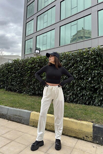 NEW LAVİVA Γυναικεία λευκή ελαστική μέση, λεπτομέρεια με δαντέλα, άνετο παντελόνι φούτερ