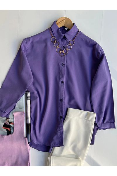 exxitcollection Women's Abs Boyfriend Long Basic Lilac Hijab Shirt