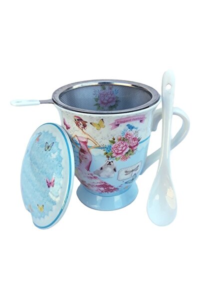 OEM Ceramic Mug with Sieve and Spoon Featuring Female Silhouette, Flowers, and Butterflies, 9 x 12 cm