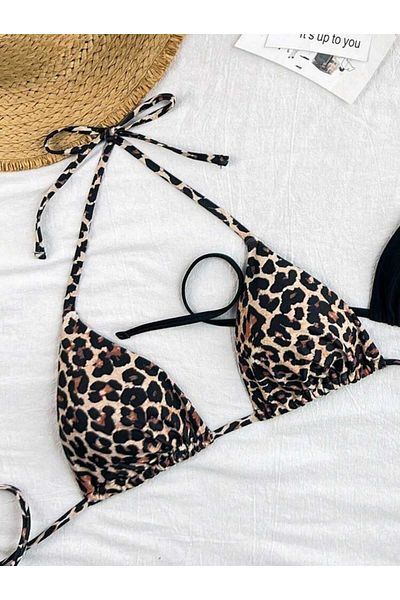 Stail Moda Γυναικείο μπλουζάκι μπικίνι 2 τεμαχίων Leopard και BLACK Minimal Padded Cutout Triangle