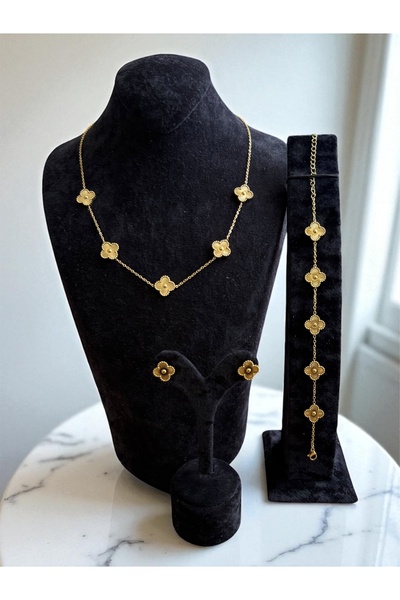 Constanza Exclusive Gold Renginde Beş Yapraklı Yonca Paslanmaz Çelik Takı Seti Cns102